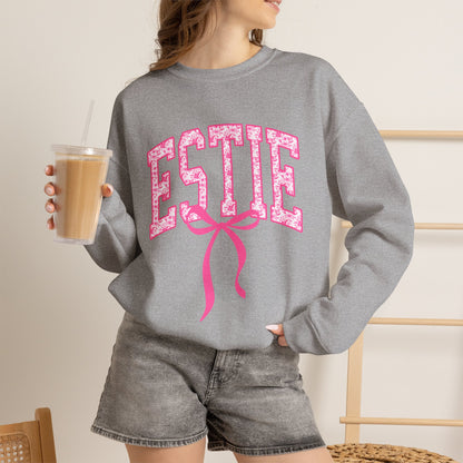 ESTIE Pink Ribbon Crewneck Sweatshirt — Feminine Varsity Style Pullover