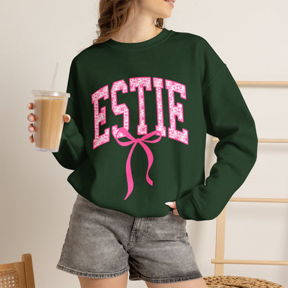 ESTIE Pink Ribbon Crewneck Sweatshirt — Feminine Varsity Style Pullover