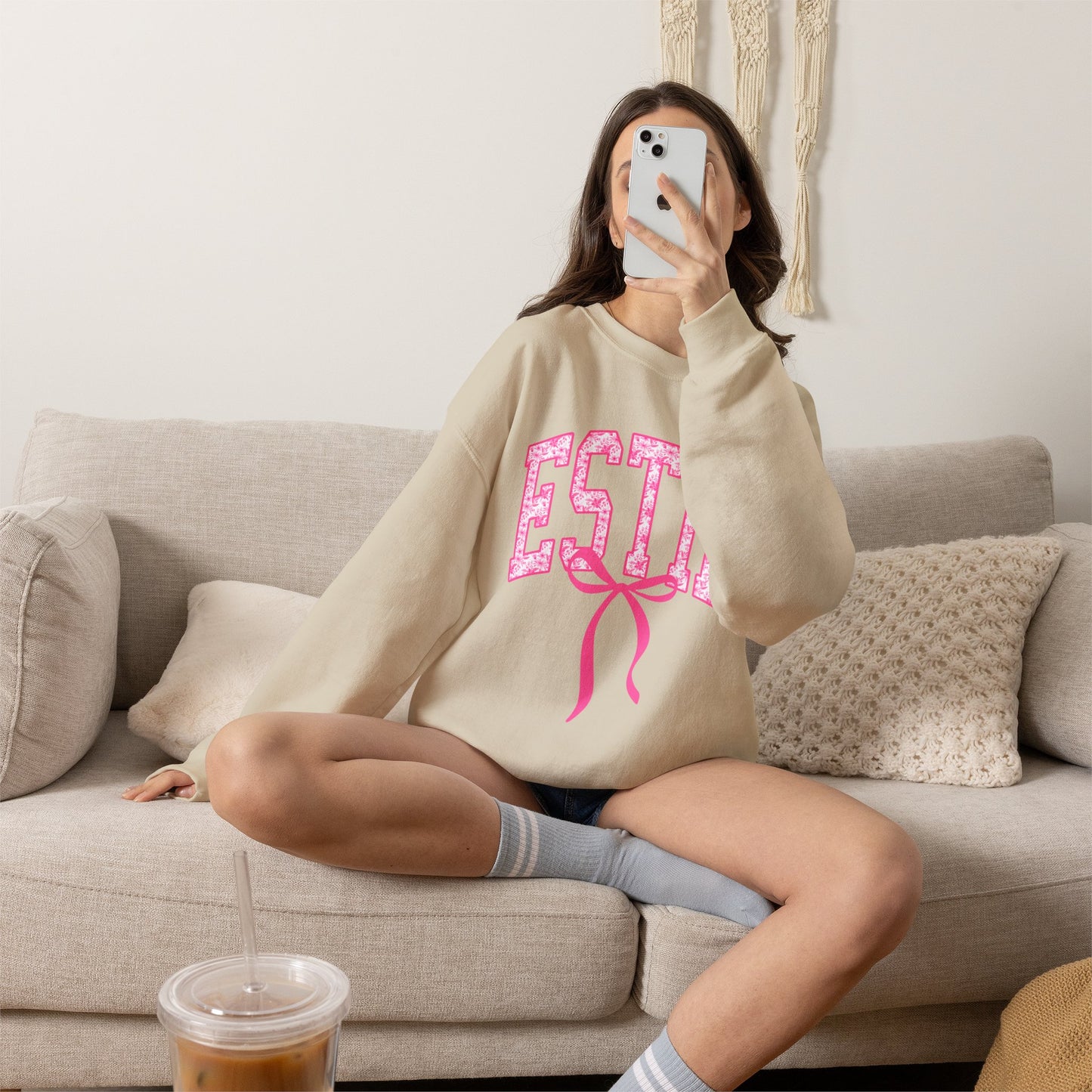 ESTIE Pink Ribbon Crewneck Sweatshirt — Feminine Varsity Style Pullover