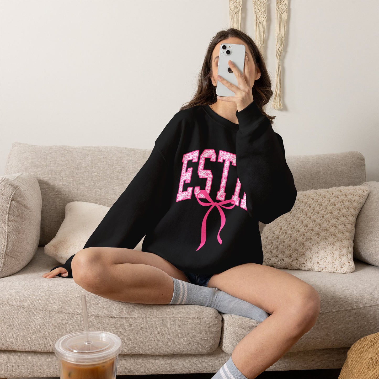 ESTIE Pink Ribbon Crewneck Sweatshirt — Feminine Varsity Style Pullover