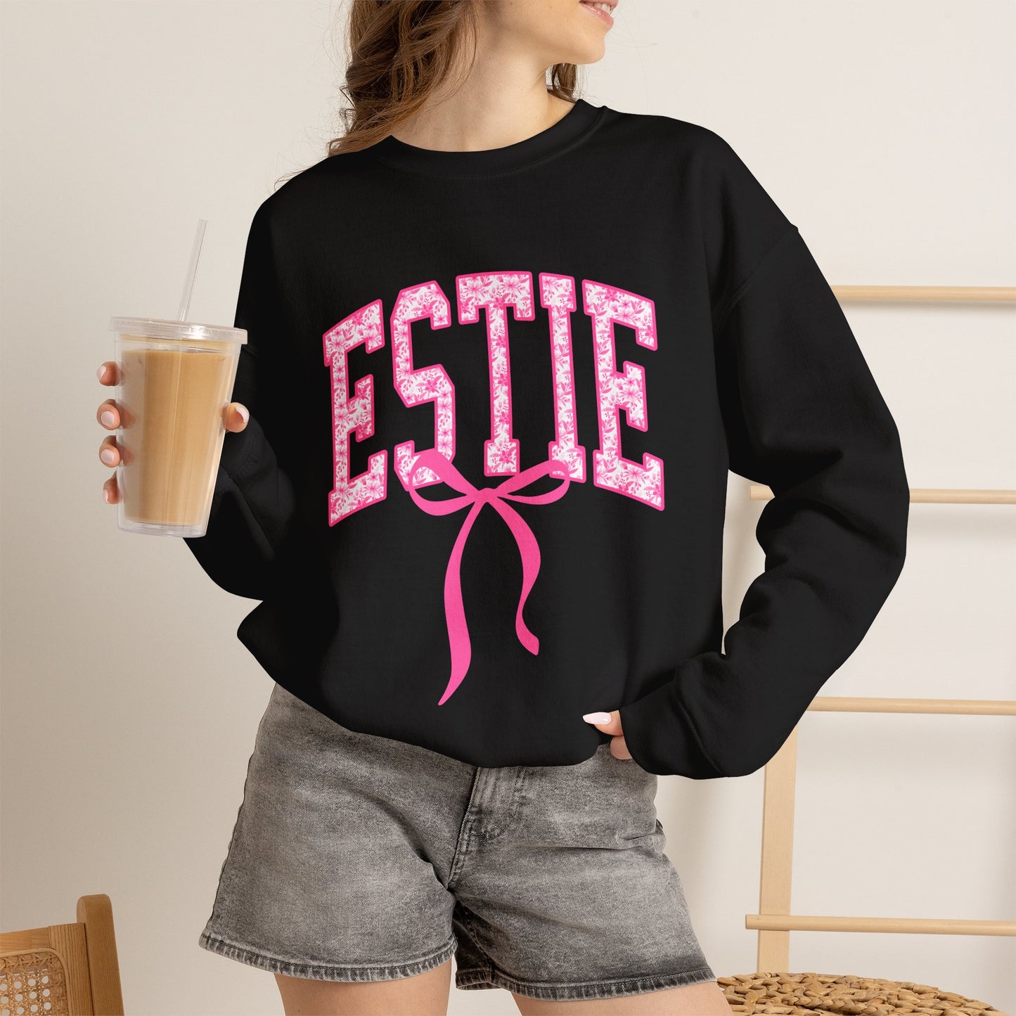 ESTIE Pink Ribbon Crewneck Sweatshirt — Feminine Varsity Style Pullover