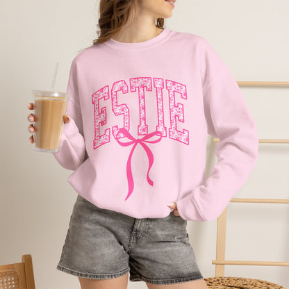 ESTIE Pink Ribbon Crewneck Sweatshirt — Feminine Varsity Style Pullover