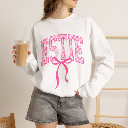 ESTIE Pink Ribbon Crewneck Sweatshirt — Feminine Varsity Style Pullover