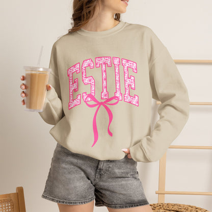 ESTIE Pink Ribbon Crewneck Sweatshirt — Feminine Varsity Style Pullover
