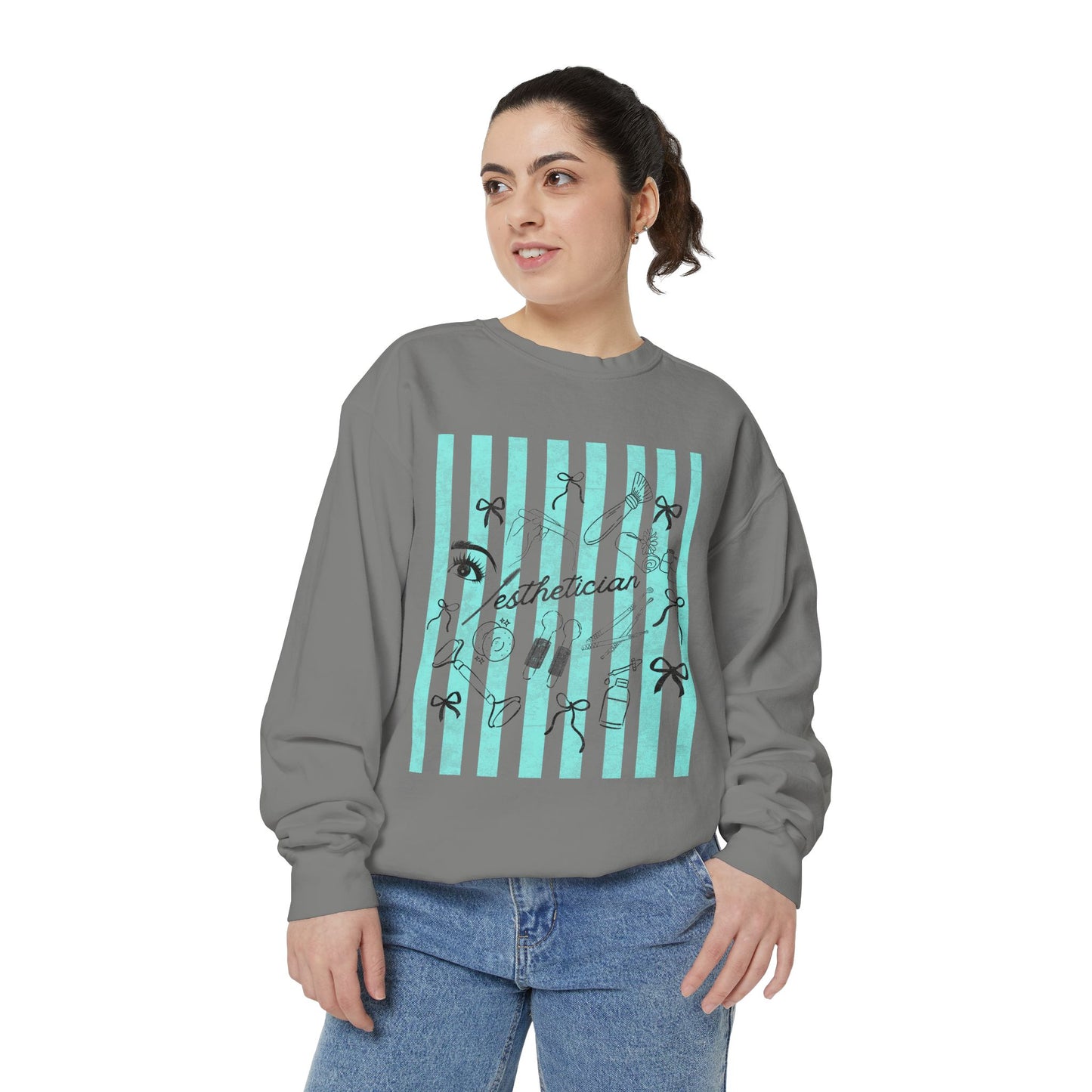 Esthetician Striped Crewneck Sweatshirt — Beauty Salon Crew Pullover