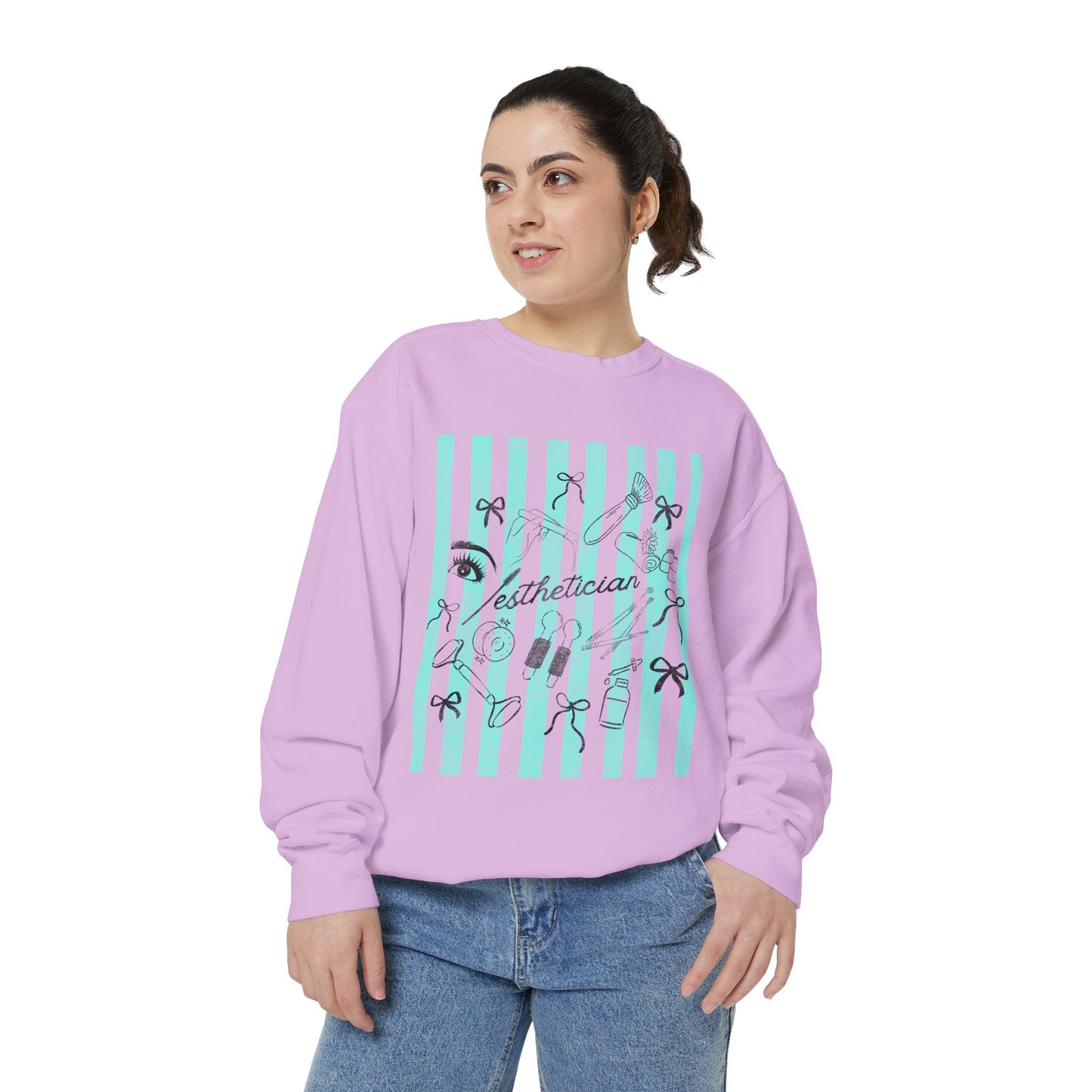 Esthetician Striped Crewneck Sweatshirt — Beauty Salon Crew Pullover