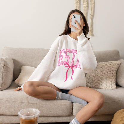 ESTIE Pink Ribbon Crewneck Sweatshirt — Feminine Varsity Style Pullover