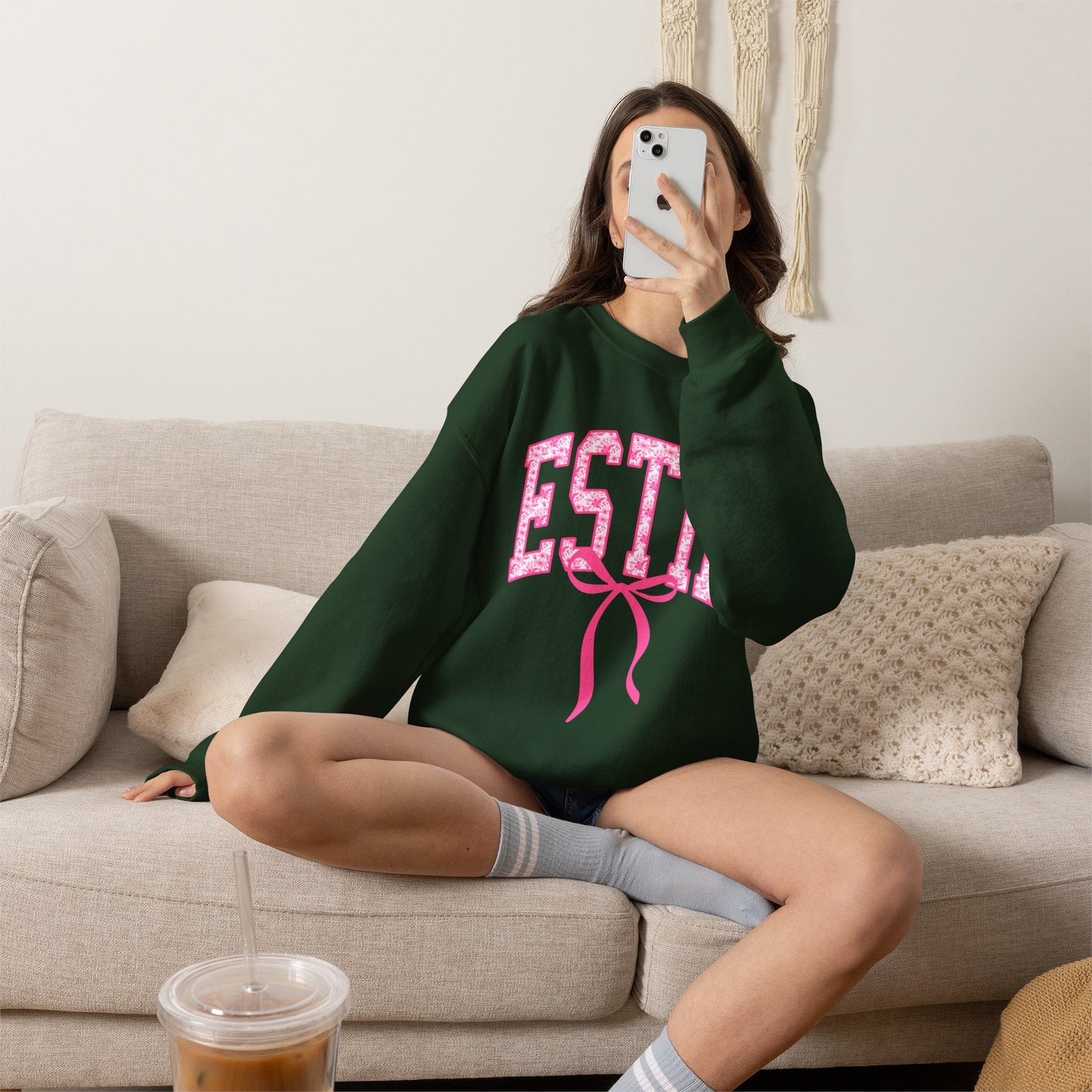 ESTIE Pink Ribbon Crewneck Sweatshirt — Feminine Varsity Style Pullover